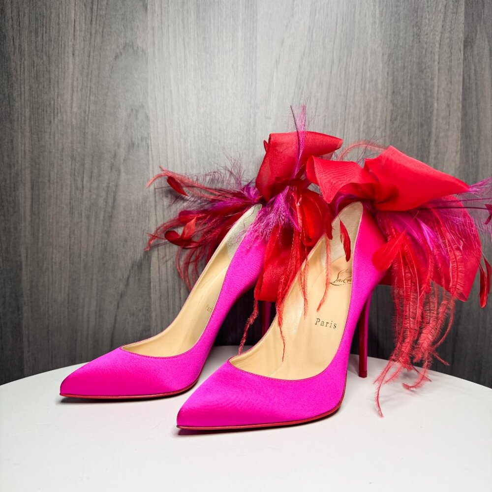 Louboutin Anemone Plume pink satin feather heels - Picture 2 of 10